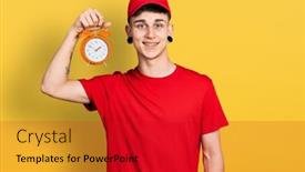  Presentation with delivery boy - PPT theme featuring young-caucasian-boy-with-ears background and a crimson colored foreground