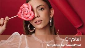  Presentation with candy heart - PPT theme consisting of young-caucasian-brunette-beautiful-woman background and a coral colored foreground