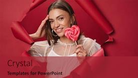  Presentation with candy heart - PPT layouts enhanced with young-caucasian-brunette-beautiful-woman background and a red colored foreground