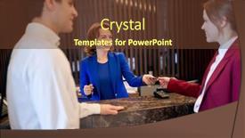  Presentation with business hotel - Presentation theme featuring young-caucasian-business-couple-checking background and a tawny brown colored foreground