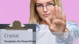  Presentation with defense - Amazing PPT theme having young caucasian business woman holding clipboard over isolated background with open hand doing stop sign with serious and confident expression defense gesture backdrop and a lemonade colored foreground