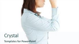  Presentation with binocular - Slide set enhanced with young caucasian business woman looking through binocular isolated on white background background and a sky blue colored foreground