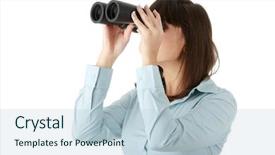  Presentation with binocular - Audience pleasing presentation consisting of young caucasian business woman looking through binocular isolated on white background backdrop and a lemonade colored foreground