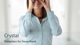  Presentation with binocular - Beautiful presentation theme featuring young caucasian business woman looking through binocular backdrop and a light blue colored foreground