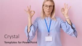  Presentation with business card - Slides consisting of young-caucasian-business-woman-wearing background and a soft green colored foreground