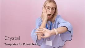  Presentation with business card - Slide deck enhanced with young-caucasian-business-woman-wearing background and a soft green colored foreground