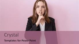  Presentation with secret - PPT theme enhanced with young-caucasian-business-woman-wearing background and a coral colored foreground