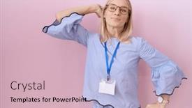  Presentation with business card - PPT theme having young-caucasian-business-woman-wearing background and a soft green colored foreground