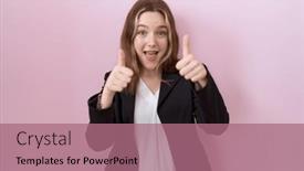  Presentation with winner - Presentation theme enhanced with young-caucasian-business-woman-wearing background and a coral colored foreground