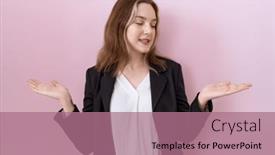  Presentation with woman hands open - Slide deck consisting of young-caucasian-business-woman-wearing background and a coral colored foreground