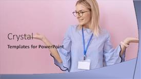 Presentation with woman hands open - PPT theme with young-caucasian-business-woman-wearing background and a lemonade colored foreground