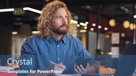  Presentation with business office desk - Presentation design consisting of young-caucasian-businessman-looking-away background and a ocean colored foreground