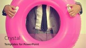  Presentation with swim suit - Colorful presentation enhanced with young caucasian businessman wearing a grey suit with a pink swim ring with a retro effect backdrop and a coral colored foreground