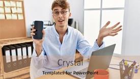  Presentation with working - Presentation theme with young-caucasian-businessman-working-using background and a  colored foreground