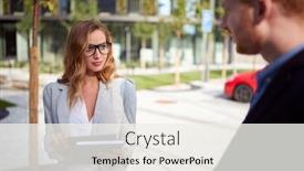  Presentation with chat - Presentation theme having young-caucasian-businesswoman-looking-seductively background and a sky blue colored foreground