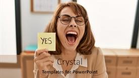  Presentation with yes - PPT theme consisting of young-caucasian-businesswoman-smiling-happy background and a coral colored foreground