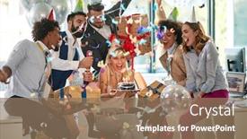  Presentation with birthday - Colorful presentation design enhanced with young-caucasian-businesswoman-surprised backdrop and a coral colored foreground