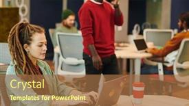  Presentation with front desk - Audience pleasing PPT theme consisting of young-caucasian-businesswoman-with-dreadlocks backdrop and a coral colored foreground