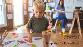  Presentation with woman child - Slides having young caucasian child playing at playschool with teacher mother and son at playroom drawing a draw with color pencils young woman at the background sitting on desk background and a coral colored foreground