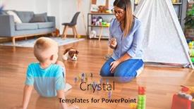  Presentation with child soldiers - Slide set consisting of young caucasian child playing at playschool with teacher playing with toy soldiers at playroom around toys background and a coral colored foreground