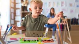  Presentation with color pencils - PPT theme enhanced with young caucasian child playing at playschool with teacher mother and son at playroom drawing a draw with color pencils young woman at the background sitting on desk background and a coral colored foreground