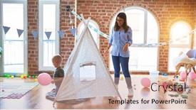  Presentation with indian mother son - Audience pleasing slide set consisting of young caucasian child playing at playschool with teacher mother and son inside indian tent at playroom around toys backdrop and a coral colored foreground