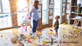  Presentation with hide - Cool new presentation theme with young-caucasian-child-playing backdrop and a coral colored foreground