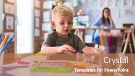  Presentation with color pencils - Colorful PPT layouts enhanced with young-caucasian-child-playing backdrop and a coral colored foreground