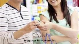  Presentation with shampoo - Presentation theme enhanced with young caucasian couple buying shampoo standing in a department of a supermarket background and a coral colored foreground