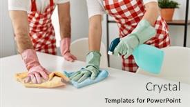  Presentation with cleaning - Slide set featuring young-caucasian-couple-cleaning-table background and a light gray colored foreground