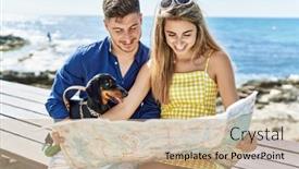  Presentation with globel map - PPT theme consisting of young-caucasian-couple-looking-map background and a coral colored foreground