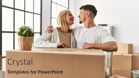  Presentation with young happy couple - PPT theme enhanced with young-caucasian-couple-smiling-happy background and a coral colored foreground