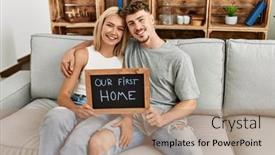  Presentation with young happy couple - Presentation featuring young-caucasian-couple-smiling-happy background and a  colored foreground
