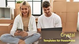  Presentation with young happy couple - PPT theme having young-caucasian-couple-smiling-happy background and a violet colored foreground