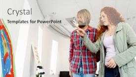  Presentation with contemplating - PPT theme with young caucasian couple standing in a gallery and contemplating artwork background and a light gray colored foreground