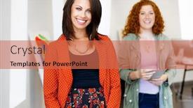  Presentation with contemplating - Amazing presentation design having young caucasian couple standing in a gallery and contemplating artwork backdrop and a coral colored foreground