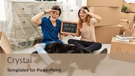  Presentation with dog house - Presentation theme featuring young-caucasian-couple-with-dog background and a coral colored foreground