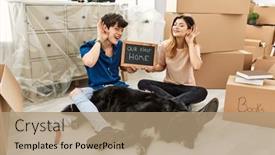  Presentation with dog house - PPT theme enhanced with young-caucasian-couple-with-dog background and a coral colored foreground