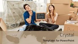  Presentation with dog house - Presentation theme featuring young-caucasian-couple-with-dog background and a coral colored foreground