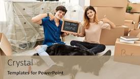  Presentation with young happy couple - Presentation theme with young-caucasian-couple-with-dog background and a  colored foreground