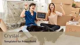  Presentation with dog house - Presentation consisting of young-caucasian-couple-with-dog background and a coral colored foreground