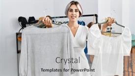  Presentation with clothing - Presentation consisting of young-caucasian-customer-woman-smiling background and a light gray colored foreground