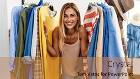  Presentation with clothing - Presentation design with young-caucasian-customer-woman-smiling background and a gold colored foreground