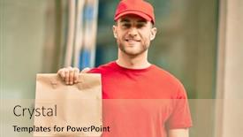  Presentation with paper bag - Theme having young-caucasian-deliveryman-smiling-happy background and a lemonade colored foreground