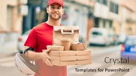  Presentation with food city - Cool new PPT layouts with young-caucasian-deliveryman-smiling-happy backdrop and a coral colored foreground