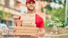  Presentation with food city - Presentation design featuring young-caucasian-deliveryman-smiling-happy background and a coral colored foreground