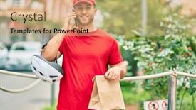  Presentation with paper bag - PPT layouts having young-caucasian-deliveryman-talking background and a coral colored foreground