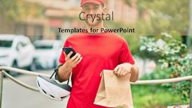  Presentation with paper bag - Cool new slides with young-caucasian-deliveryman-using-smartphone backdrop and a coral colored foreground