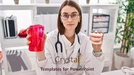  Presentation with denture - Theme enhanced with young-caucasian-dentist-woman-holding background and a soft green colored foreground