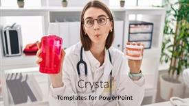  Presentation with denture - Slide set consisting of young-caucasian-dentist-woman-holding background and a soft green colored foreground